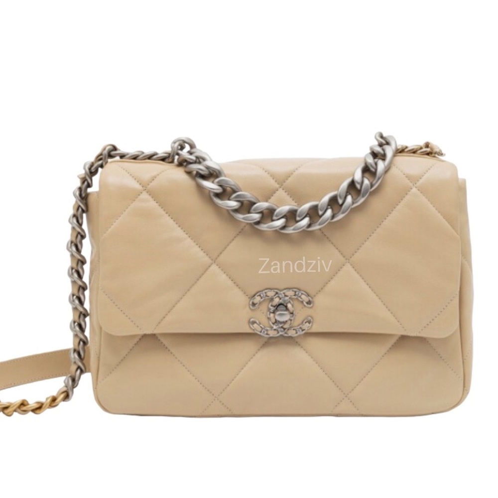 Beige Quilted Lambskin Large 19 Flap Bag Silver Hardware, 2022